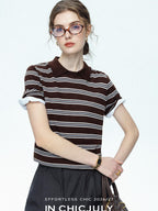 chicjuly Caramel Striped Polo Collar Knitted Faux Layer Women's Short Sleeve T-shirts