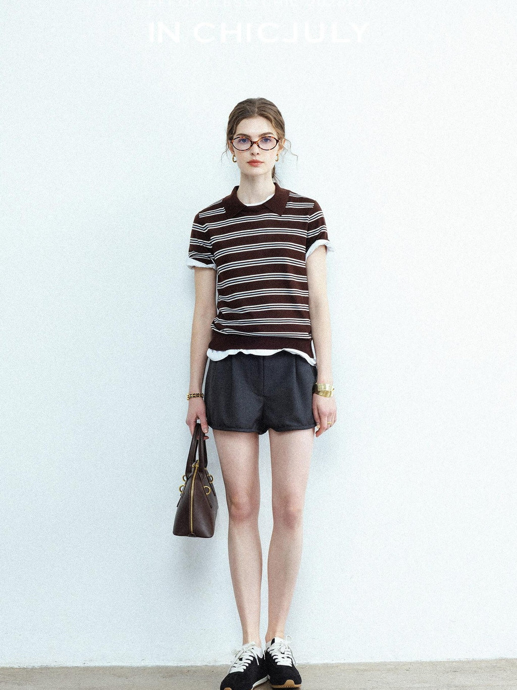 chicjuly Caramel Striped Polo Collar Knitted Faux Layer Women's Short Sleeve T-shirts
