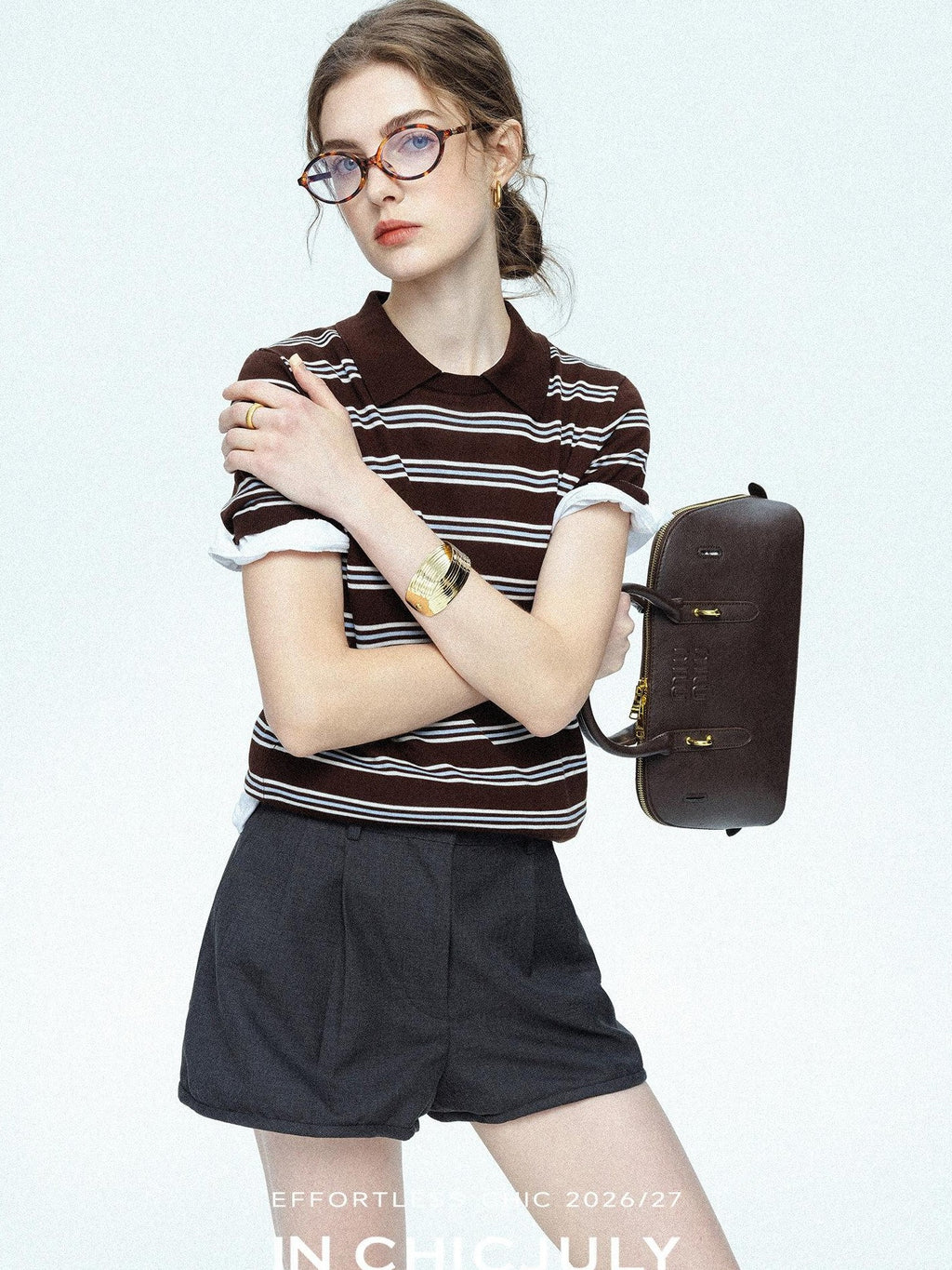 chicjuly Caramel Striped Polo Collar Knitted Faux Layer Women's Short Sleeve T-shirts