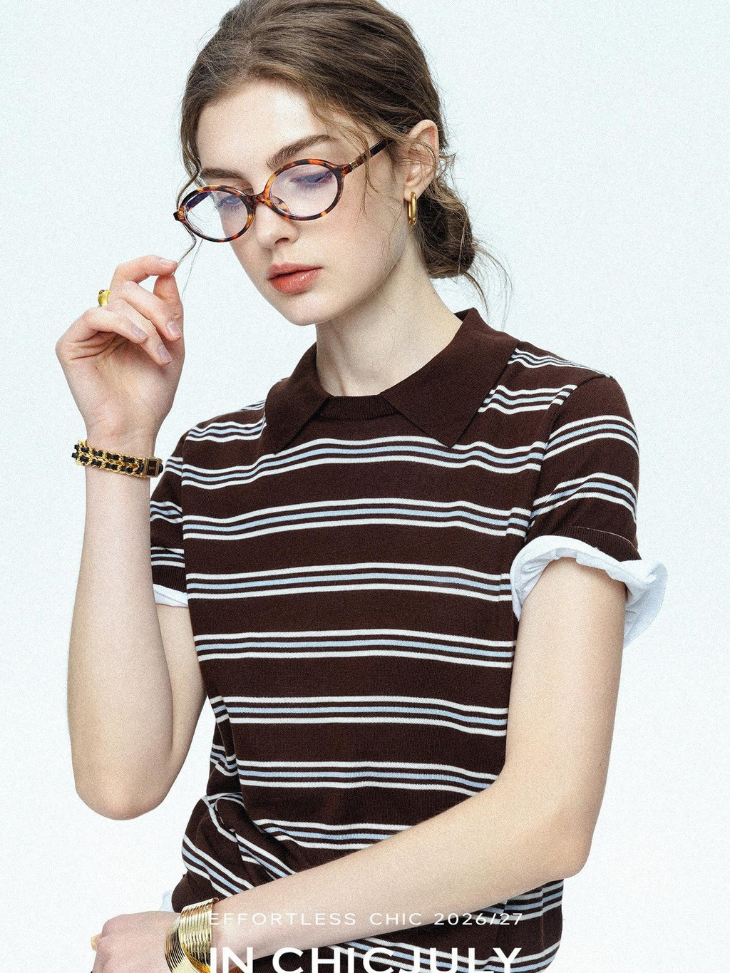 chicjuly Caramel Striped Polo Collar Knitted Faux Layer Women's Short Sleeve T-shirts