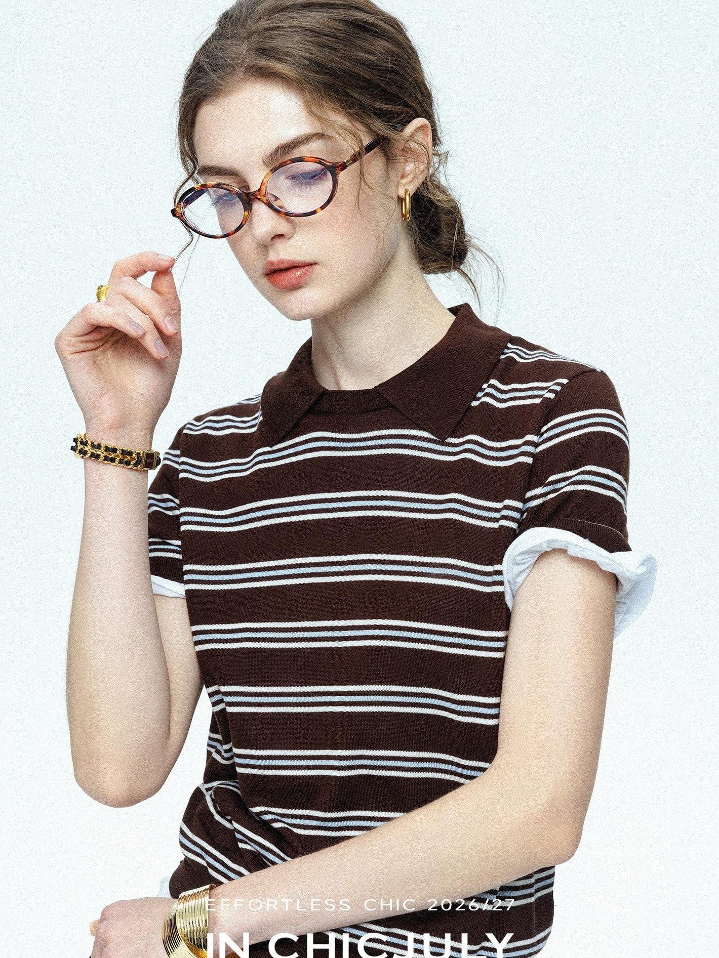 chicjuly Caramel Striped Polo Collar Knitted Faux Layer Women's Short Sleeve T-shirts