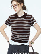 chicjuly Caramel Striped Polo Collar Knitted Faux Layer Women's Short Sleeve T-shirts