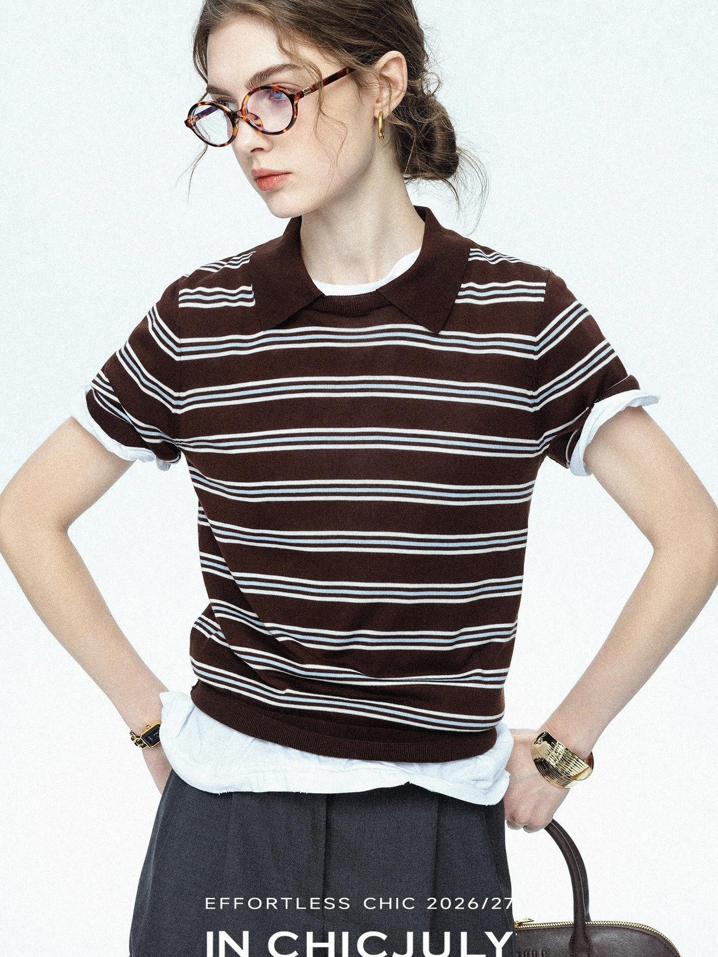 chicjuly Caramel Striped Polo Collar Knitted Faux Layer Women's Short Sleeve T-shirts