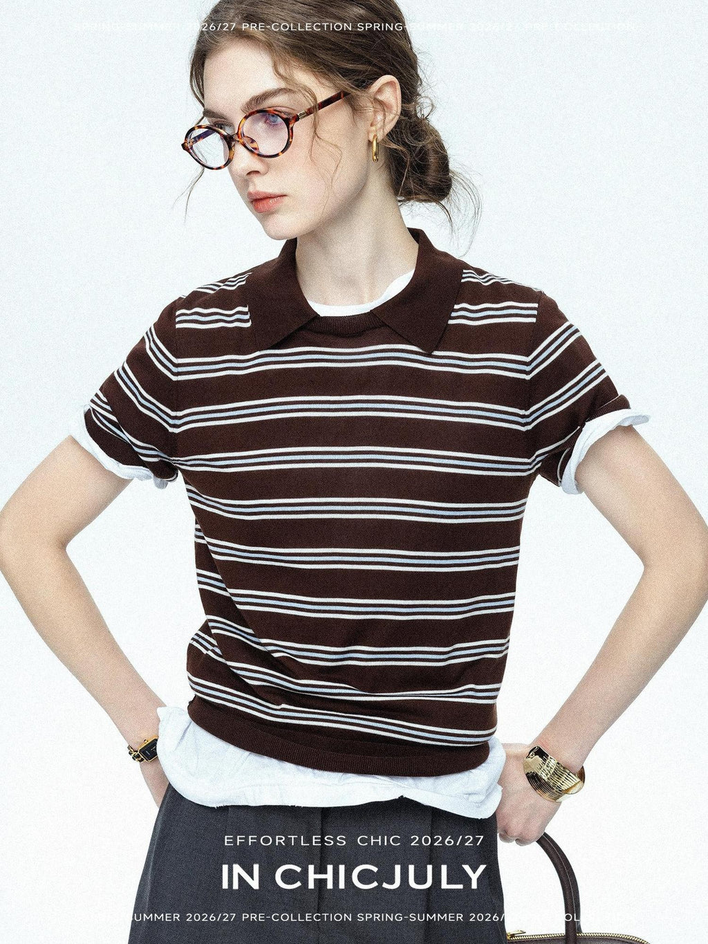 chicjuly Caramel Striped Polo Collar Knitted Faux Layer Women's Short Sleeve T-shirts