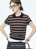 chicjuly Caramel Striped Polo Collar Knitted Faux Layer Women's Short Sleeve T-shirts