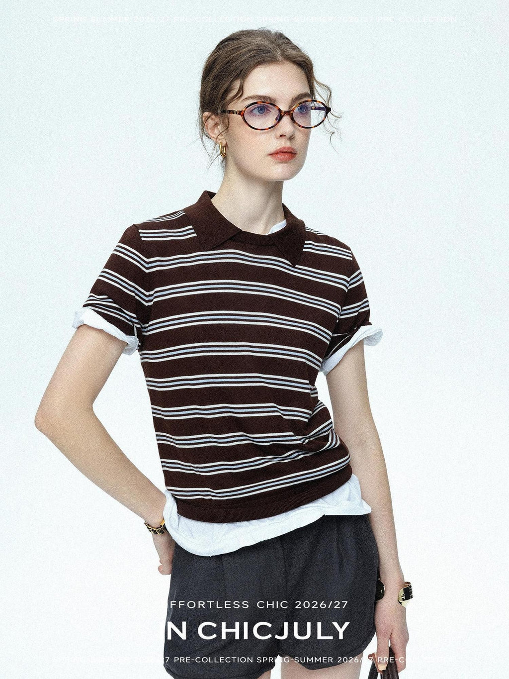 chicjuly Caramel Striped Polo Collar Knitted Faux Layer Women's Short Sleeve T-shirts