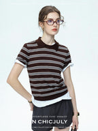 chicjuly Caramel Striped Polo Collar Knitted Faux Layer Women's Short Sleeve T-shirts