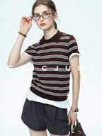 chicjuly Caramel Striped Polo Collar Knitted Faux Layer Women's Short Sleeve T-shirts