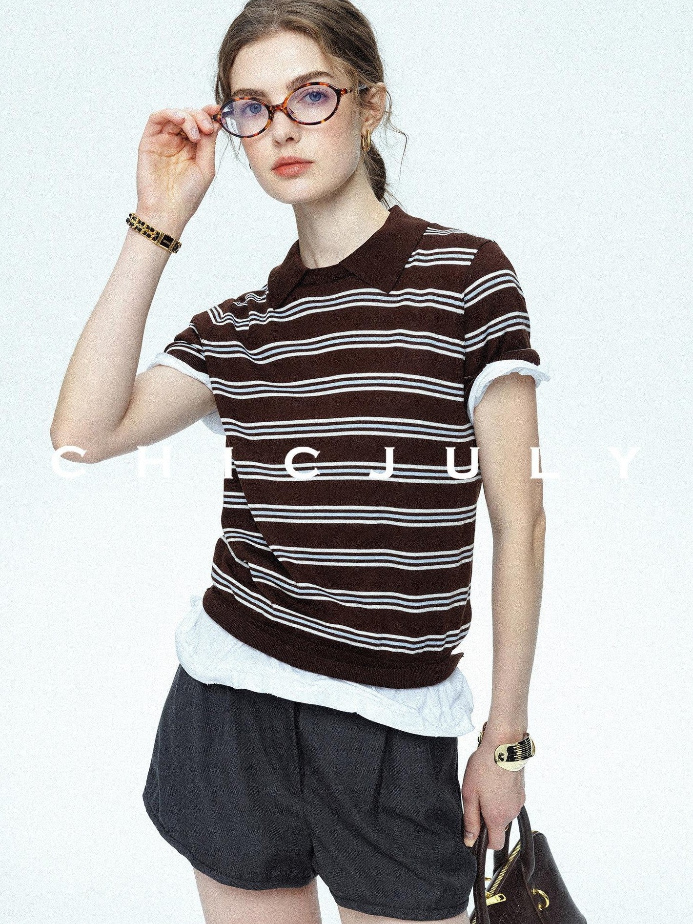 chicjuly Caramel Striped Polo Collar Knitted Faux Layer Women's Short Sleeve T-shirts