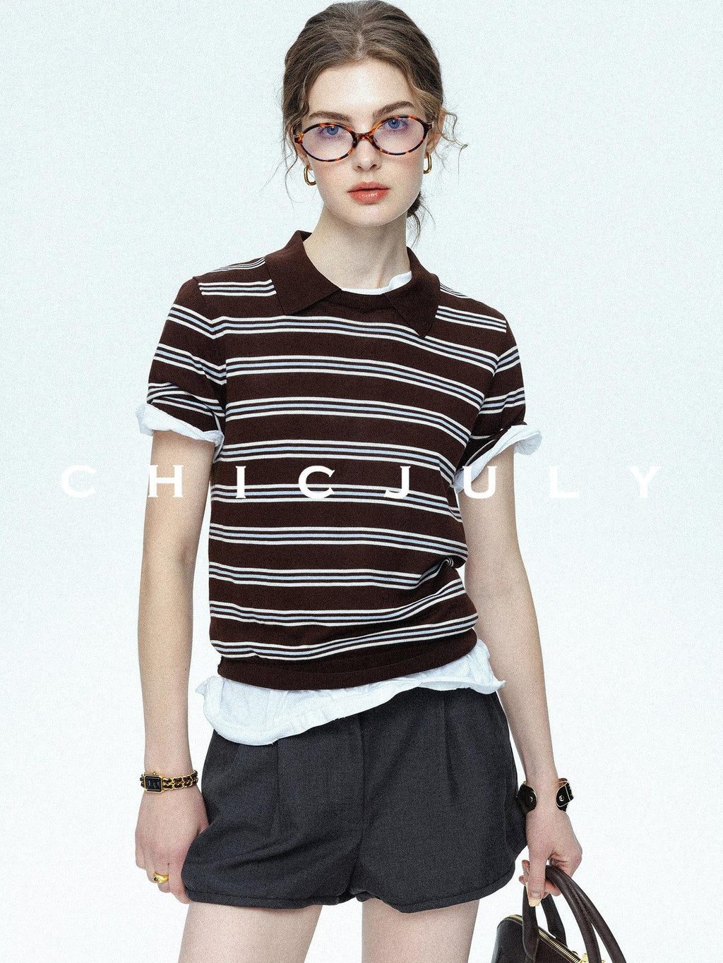 chicjuly Caramel Striped Polo Collar Knitted Faux Layer Women's Short Sleeve T-shirts