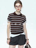 chicjuly Caramel Striped Polo Collar Knitted Faux Layer Women's Short Sleeve T-shirts