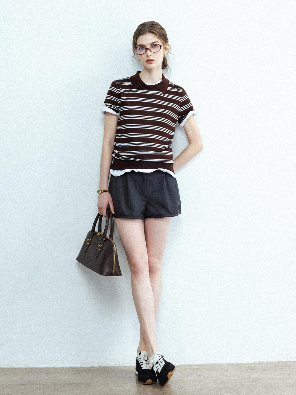 chicjuly Caramel Striped Polo Collar Knitted Faux Layer Women's Short Sleeve T-shirts