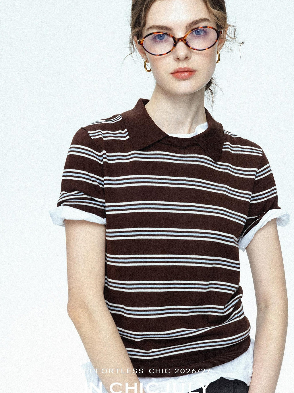 chicjuly Caramel Striped Polo Collar Knitted Faux Layer Women's Short Sleeve T-shirts