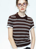 chicjuly Caramel Striped Polo Collar Knitted Faux Layer Women's Short Sleeve T-shirts