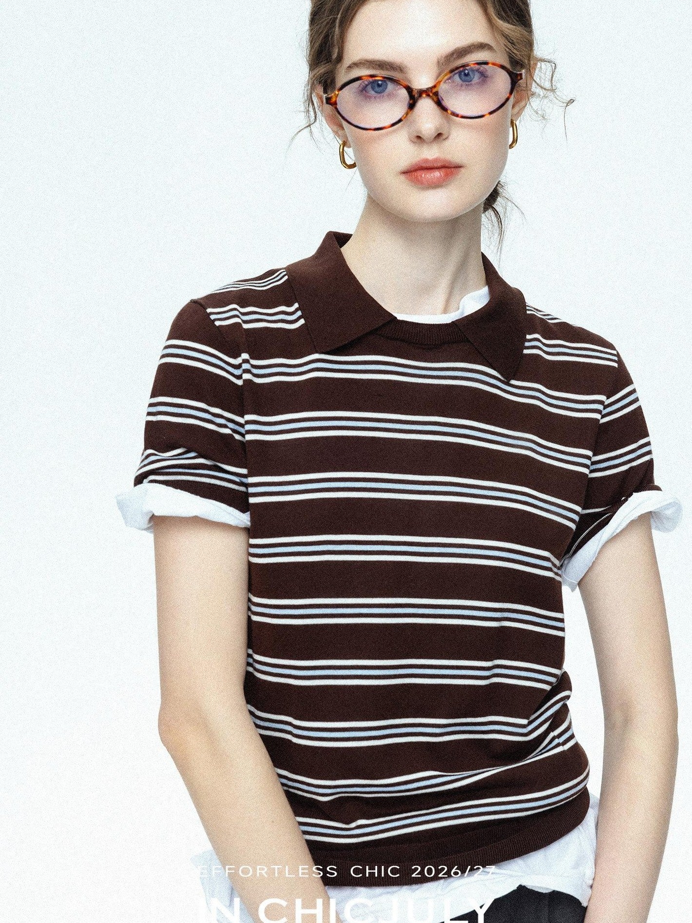 chicjuly Caramel Striped Polo Collar Knitted Faux Layer Women's Short Sleeve T-shirts