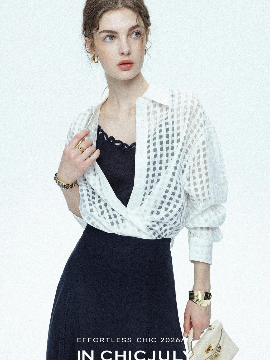 chicjuly Checked 3d Tailored Turn Down Collar Women's Mulberry Silk Cotton Shirts