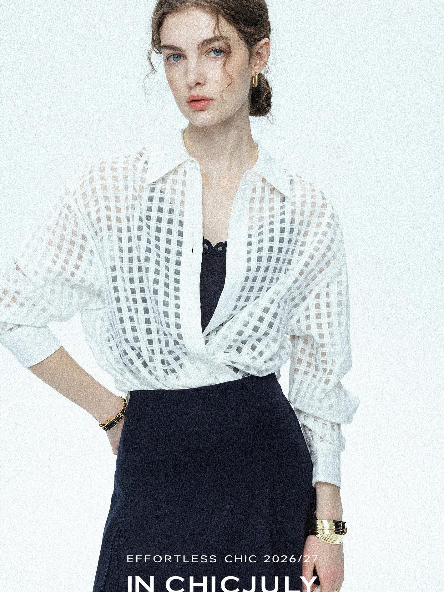 chicjuly Checked 3d Tailored Turn Down Collar Women's Mulberry Silk Cotton Shirts