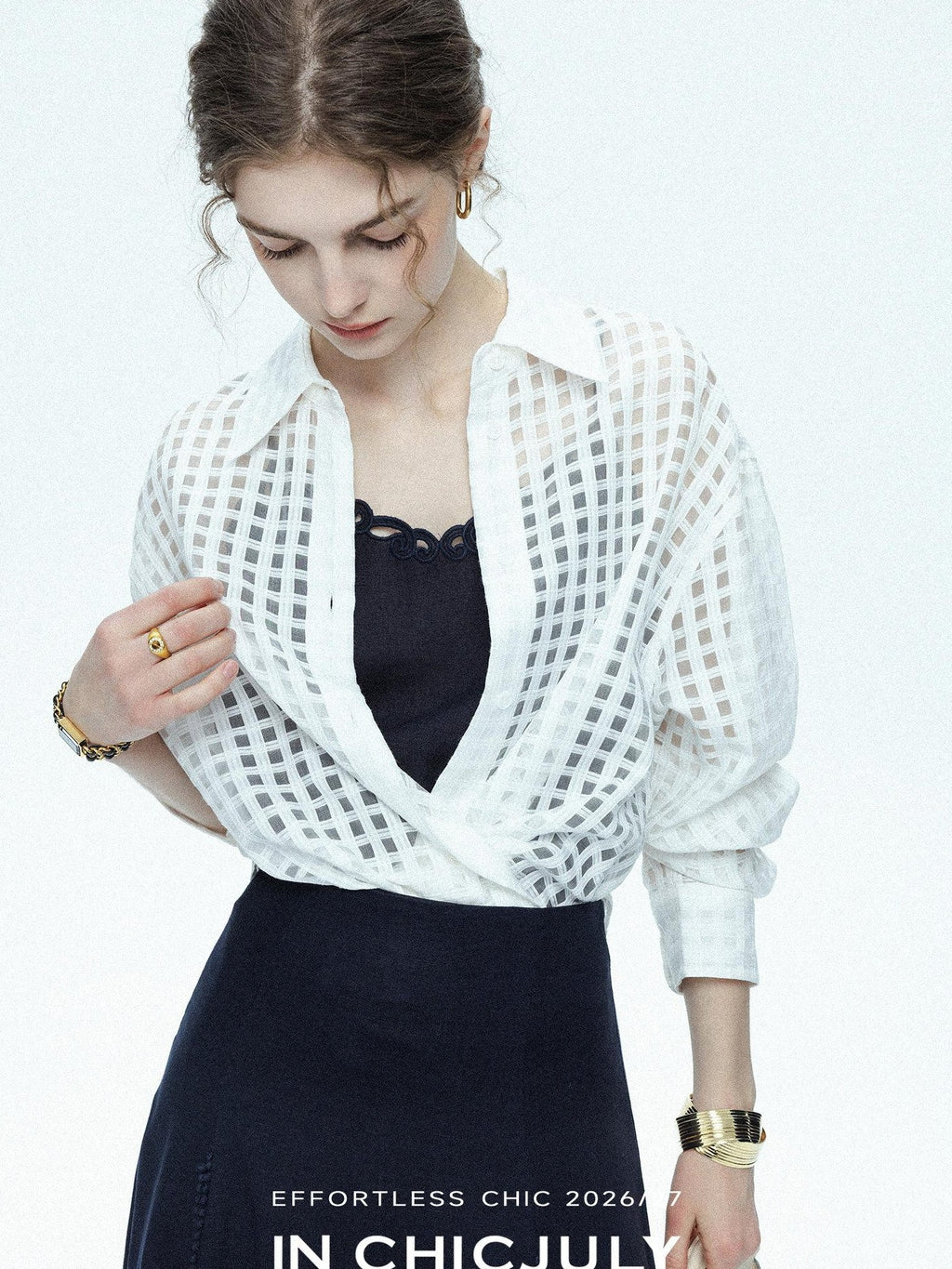 chicjuly Checked 3d Tailored Turn Down Collar Women's Mulberry Silk Cotton Shirts