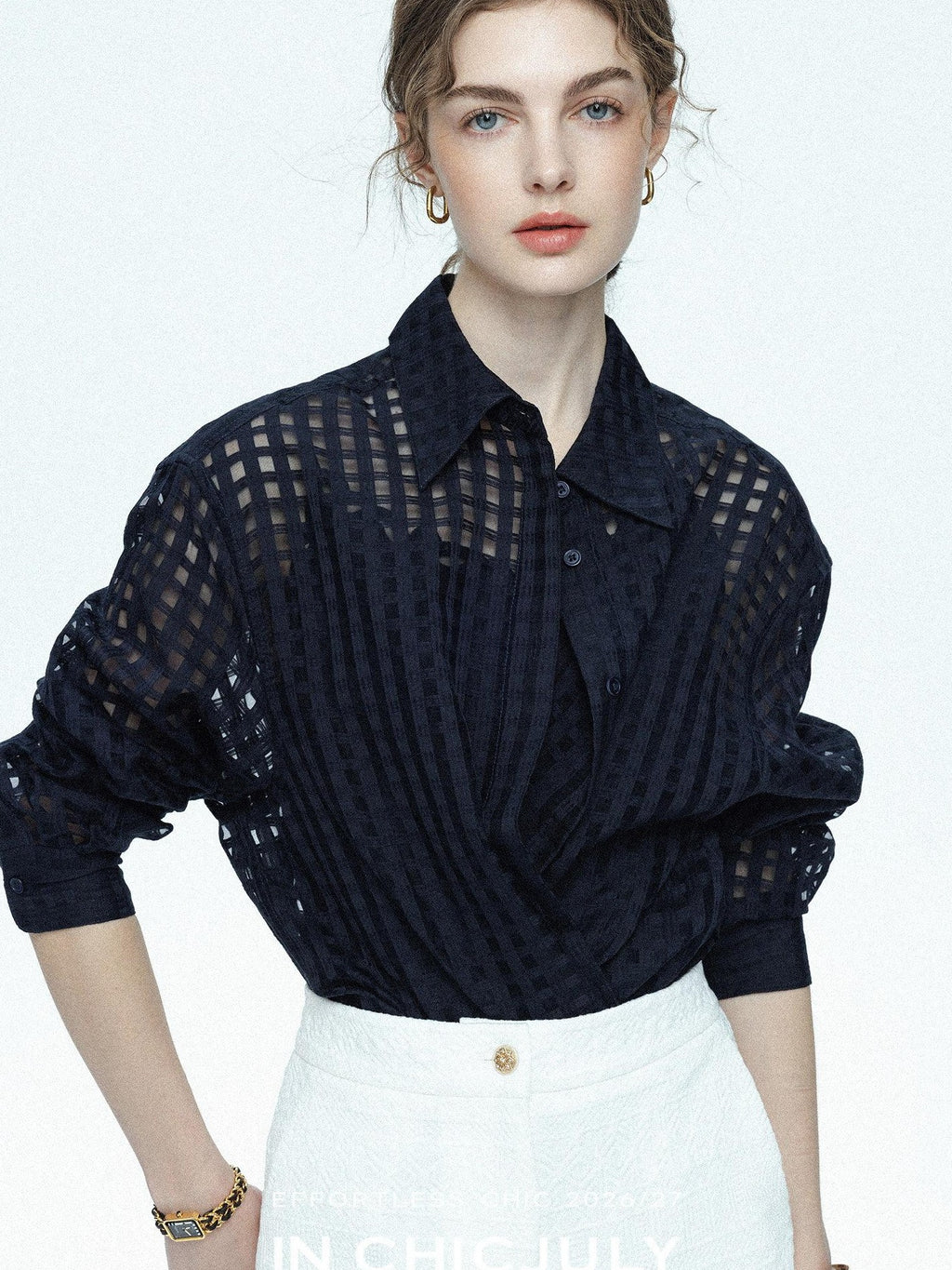 chicjuly Checked 3d Tailored Turn Down Collar Women's Mulberry Silk Cotton Shirts