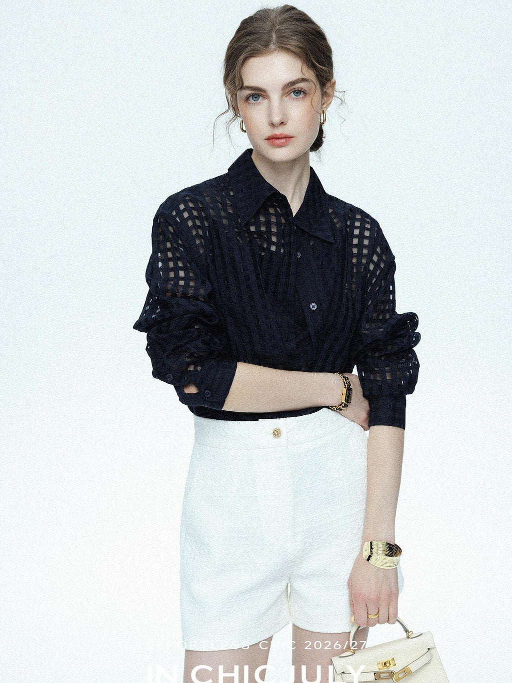 chicjuly Checked 3d Tailored Turn Down Collar Women's Mulberry Silk Cotton Shirts