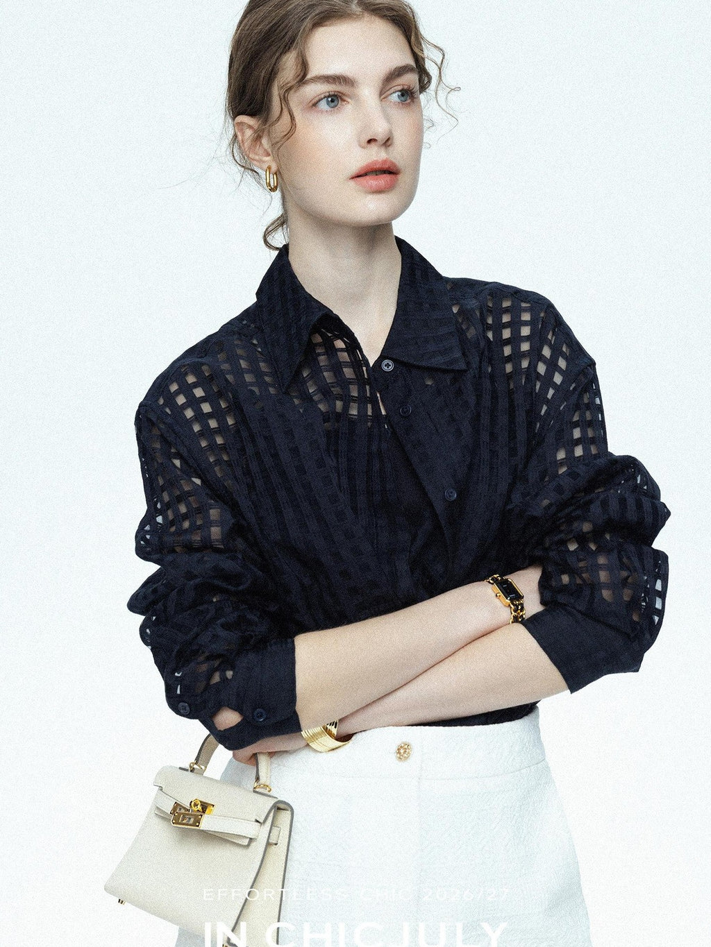 chicjuly Checked 3d Tailored Turn Down Collar Women's Mulberry Silk Cotton Shirts