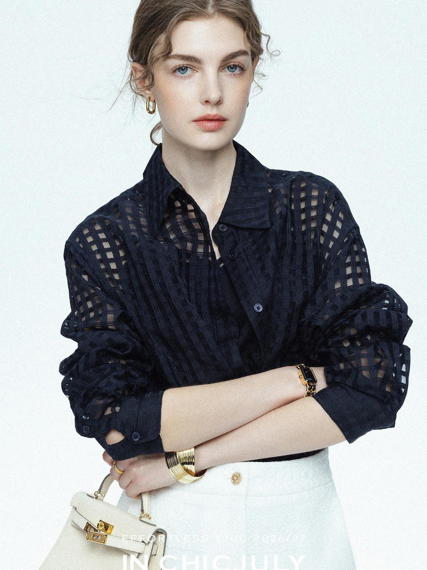 chicjuly Checked 3d Tailored Turn Down Collar Women's Mulberry Silk Cotton Shirts