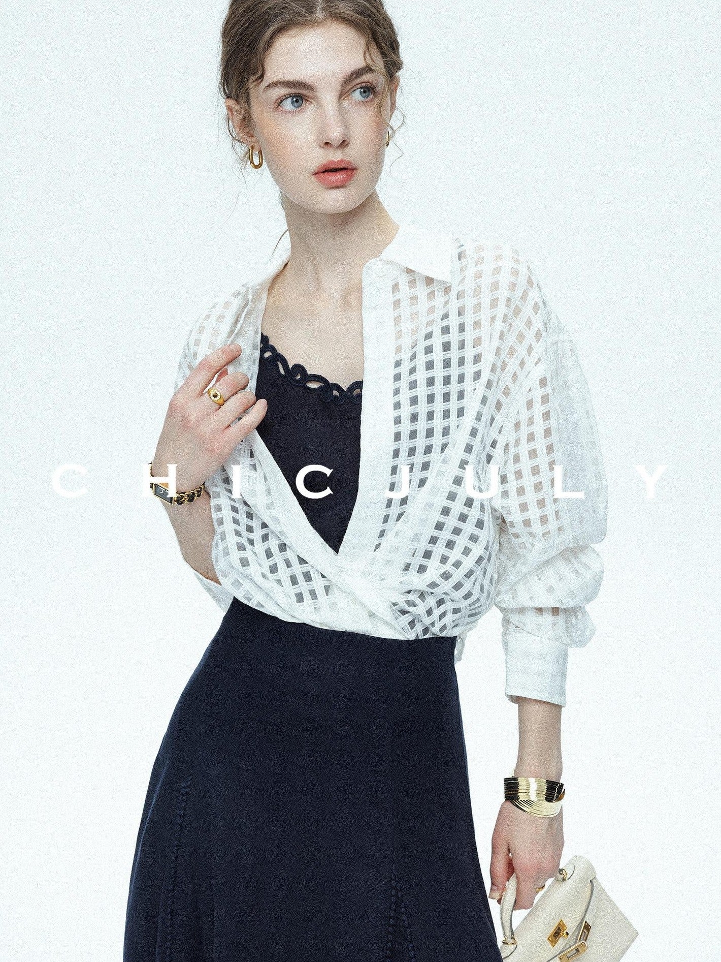 chicjuly Checked 3d Tailored Turn Down Collar Women's Mulberry Silk Cotton Shirts