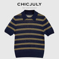 chicjuly Colorblock Polo Stripe Henley Knit Retro Women's Wool Short Sleeve T-shirts 916832791579