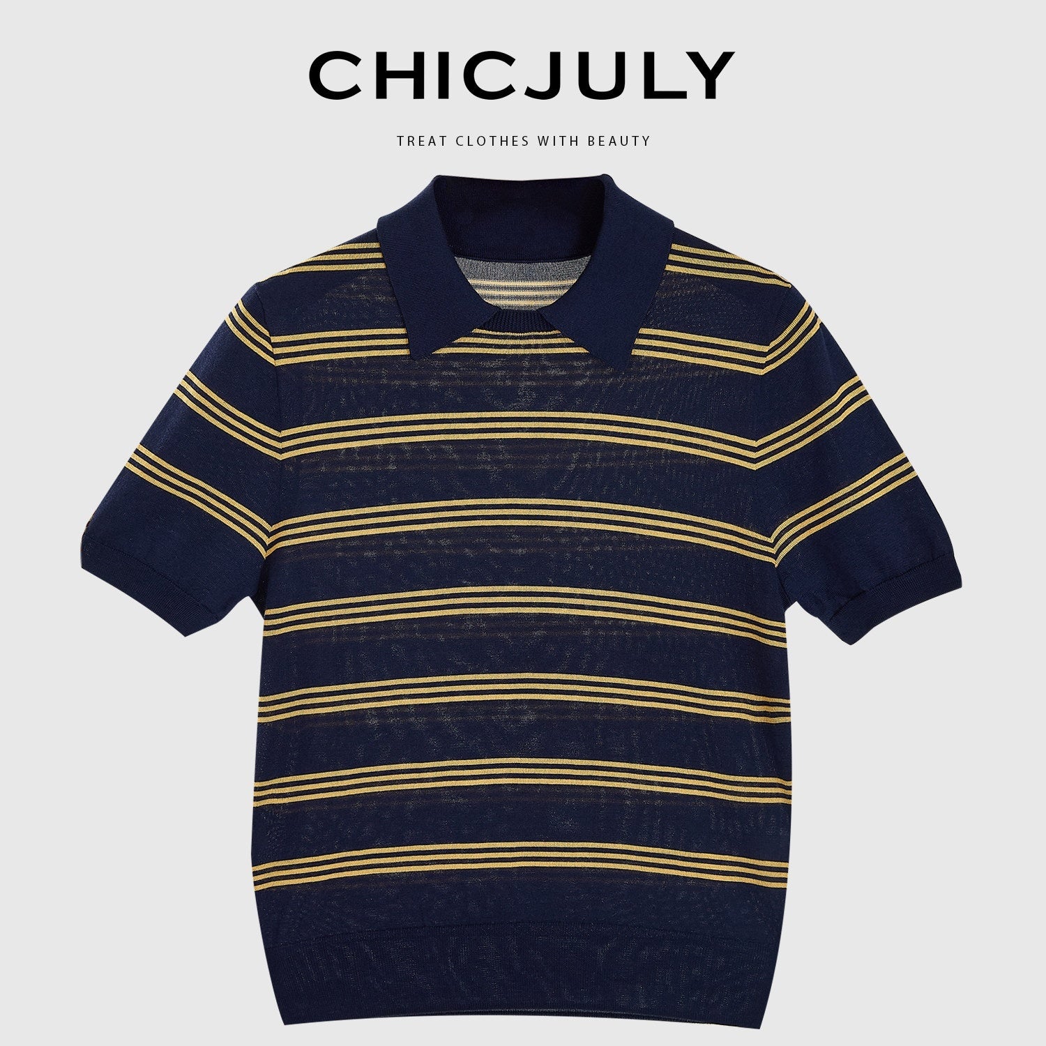 chicjuly Colorblock Polo Stripe Henley Knit Retro Women's Wool Short Sleeve T-shirts 916832791579