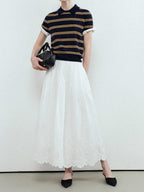 chicjuly Colorblock Polo Stripe Henley Knit Retro Women's Wool Short Sleeve T-shirts