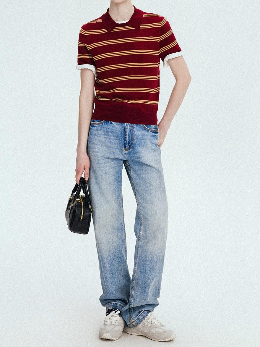 chicjuly Colorblock Polo Stripe Henley Knit Retro Women's Wool Short Sleeve T-shirts