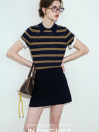 chicjuly Colorblock Polo Stripe Henley Knit Retro Women's Wool Short Sleeve T-shirts