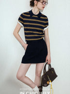 chicjuly Colorblock Polo Stripe Henley Knit Retro Women's Wool Short Sleeve T-shirts