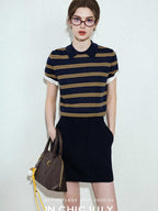chicjuly Colorblock Polo Stripe Henley Knit Retro Women's Wool Short Sleeve T-shirts