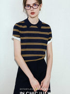chicjuly Colorblock Polo Stripe Henley Knit Retro Women's Wool Short Sleeve T-shirts