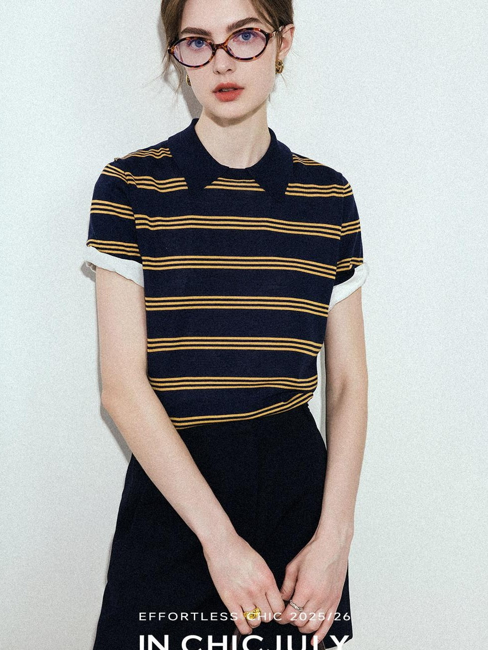 chicjuly Colorblock Polo Stripe Henley Knit Retro Women's Wool Short Sleeve T-shirts