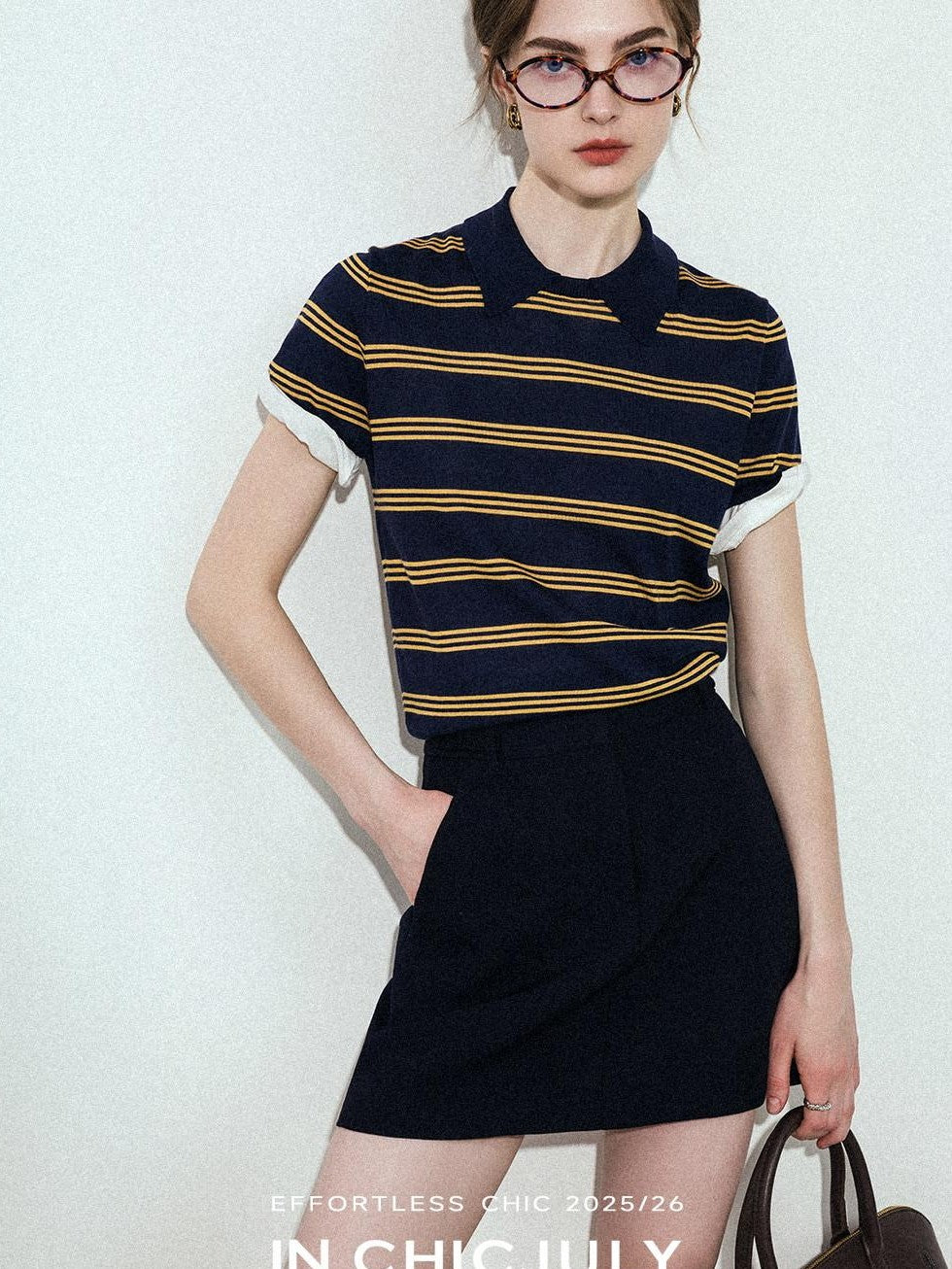 chicjuly Colorblock Polo Stripe Henley Knit Retro Women's Wool Short Sleeve T-shirts