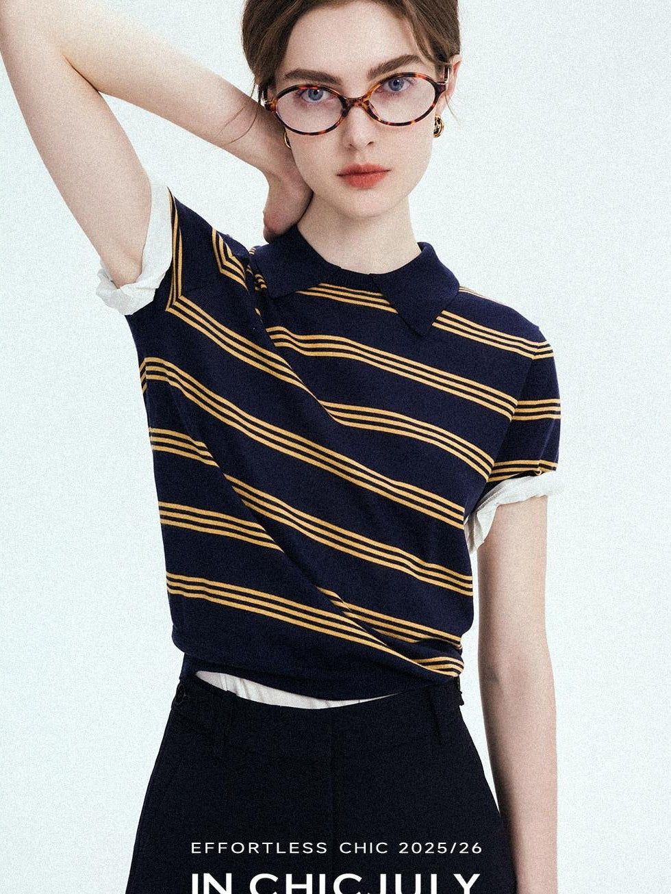 chicjuly Colorblock Polo Stripe Henley Knit Retro Women's Wool Short Sleeve T-shirts