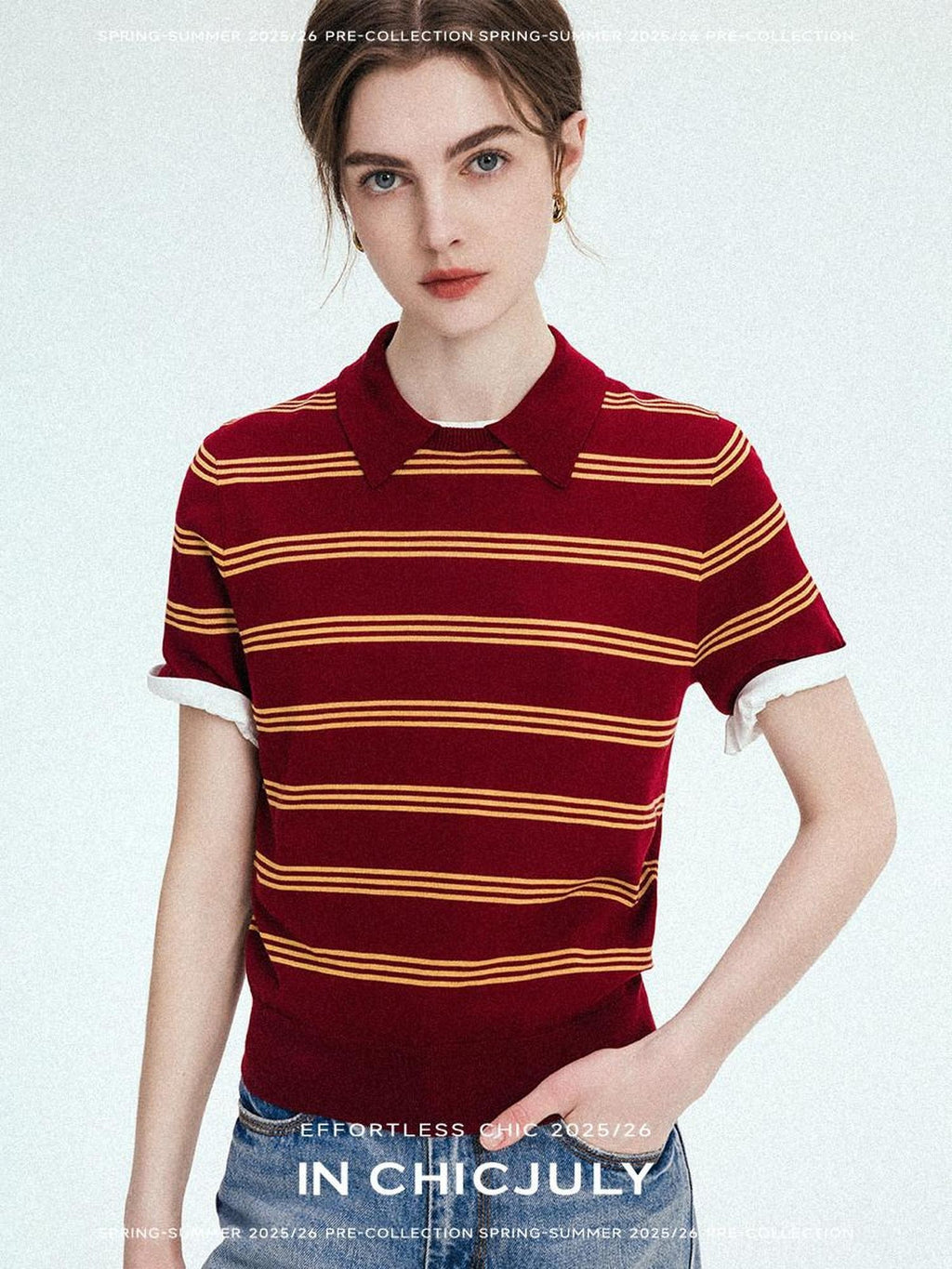 chicjuly Colorblock Polo Stripe Henley Knit Retro Women's Wool Short Sleeve T-shirts