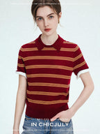 chicjuly Colorblock Polo Stripe Henley Knit Retro Women's Wool Short Sleeve T-shirts
