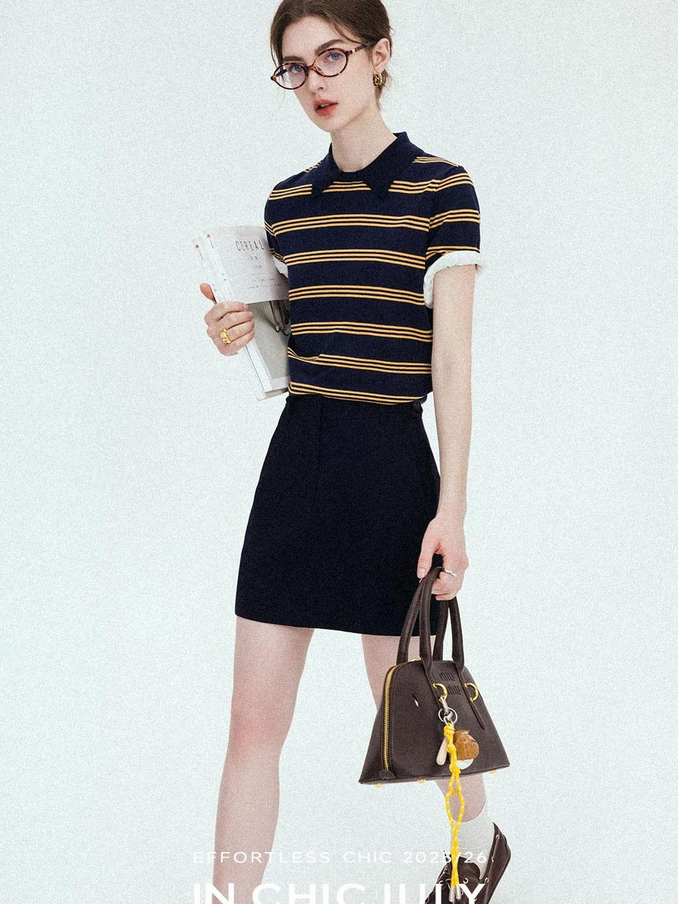 chicjuly Colorblock Polo Stripe Henley Knit Retro Women's Wool Short Sleeve T-shirts