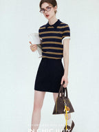 chicjuly Colorblock Polo Stripe Henley Knit Retro Women's Wool Short Sleeve T-shirts