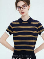 chicjuly Colorblock Polo Stripe Henley Knit Retro Women's Wool Short Sleeve T-shirts