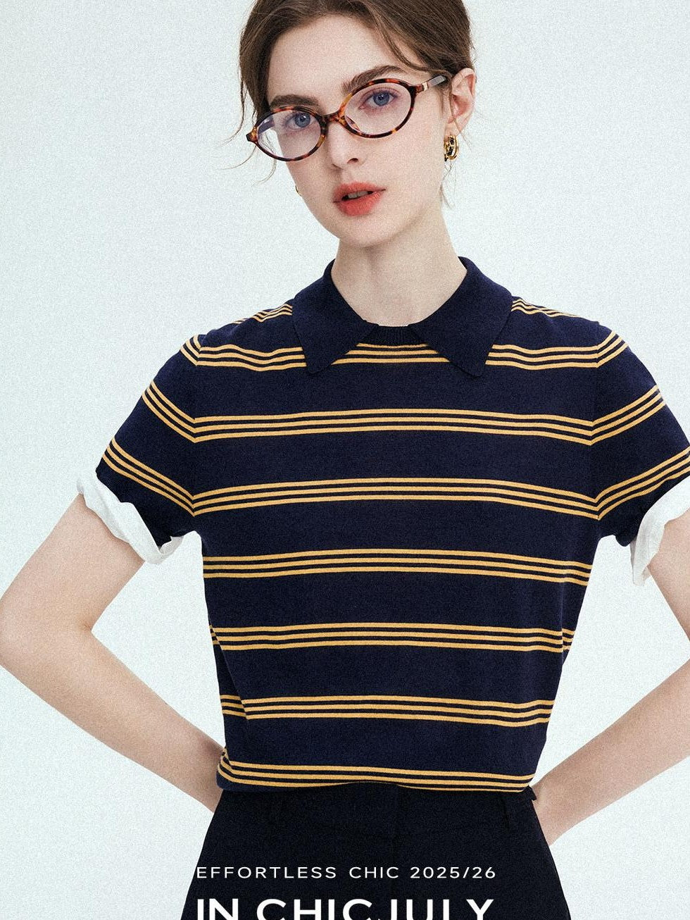 chicjuly Colorblock Polo Stripe Henley Knit Retro Women's Wool Short Sleeve T-shirts