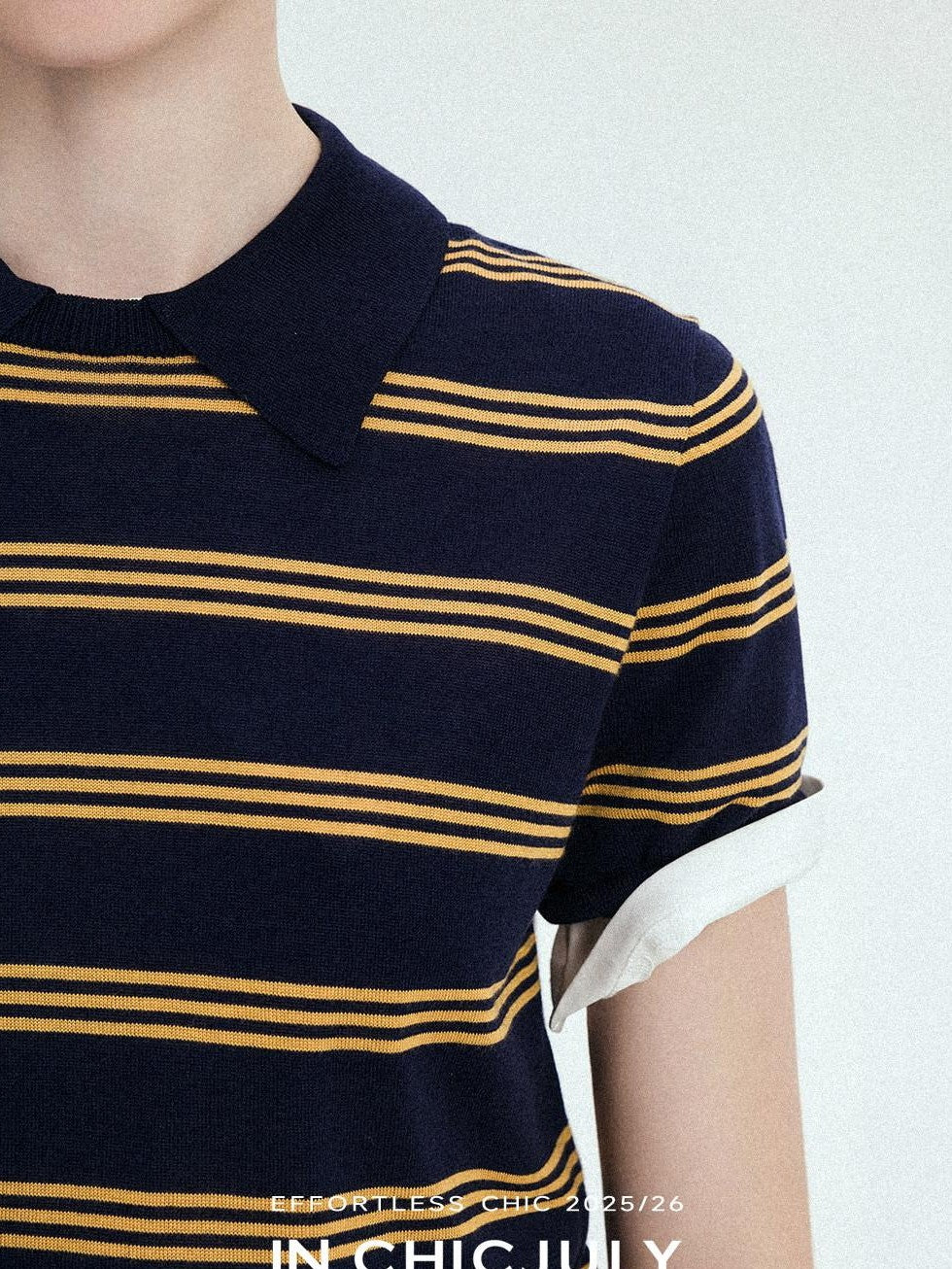 chicjuly Colorblock Polo Stripe Henley Knit Retro Women's Wool Short Sleeve T-shirts