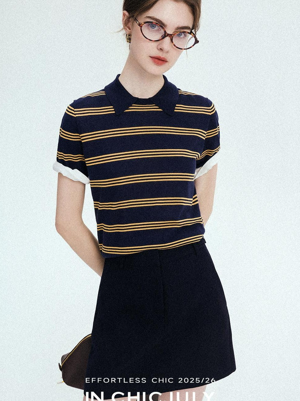 chicjuly Colorblock Polo Stripe Henley Knit Retro Women's Wool Short Sleeve T-shirts