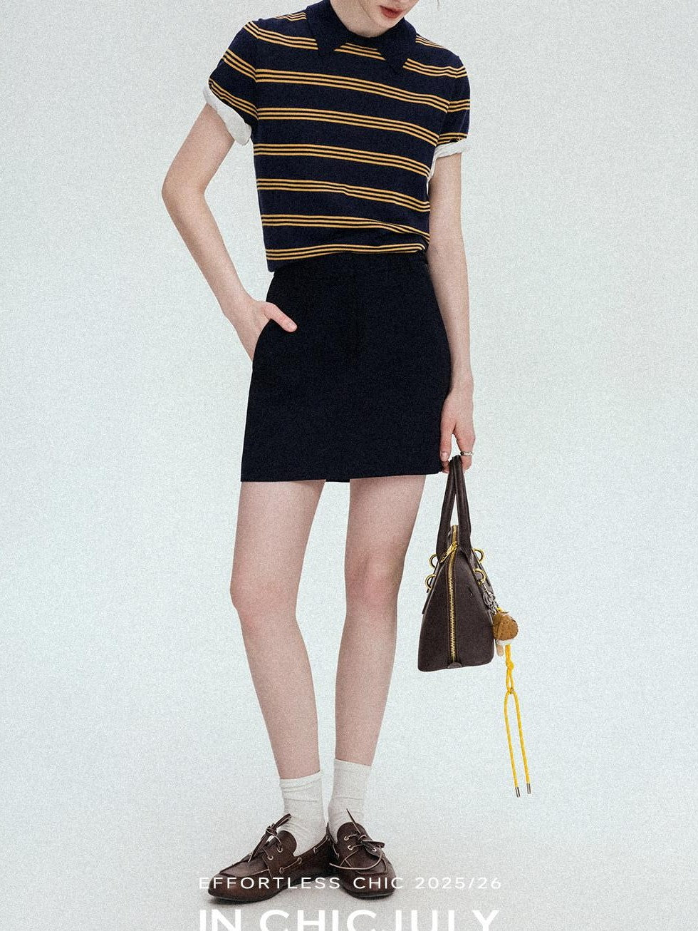 chicjuly Colorblock Polo Stripe Henley Knit Retro Women's Wool Short Sleeve T-shirts