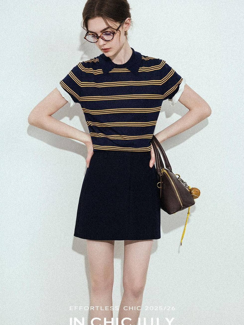 chicjuly Colorblock Polo Stripe Henley Knit Retro Women's Wool Short Sleeve T-shirts