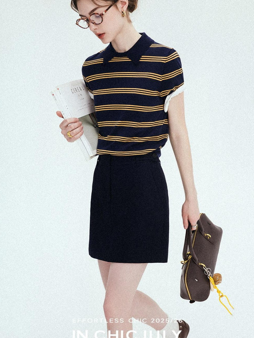 chicjuly Colorblock Polo Stripe Henley Knit Retro Women's Wool Short Sleeve T-shirts