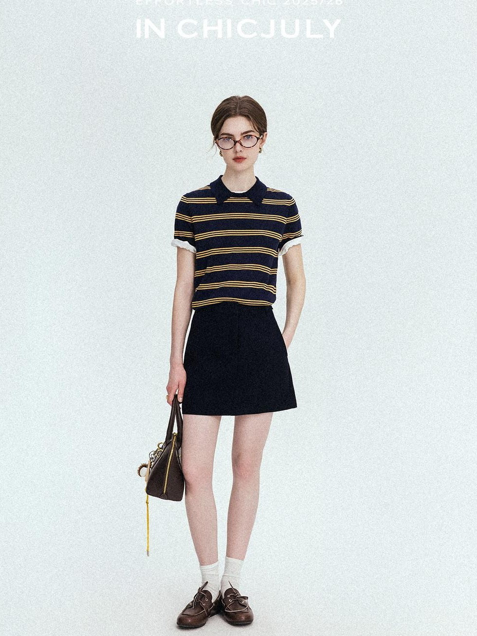 chicjuly Colorblock Polo Stripe Henley Knit Retro Women's Wool Short Sleeve T-shirts